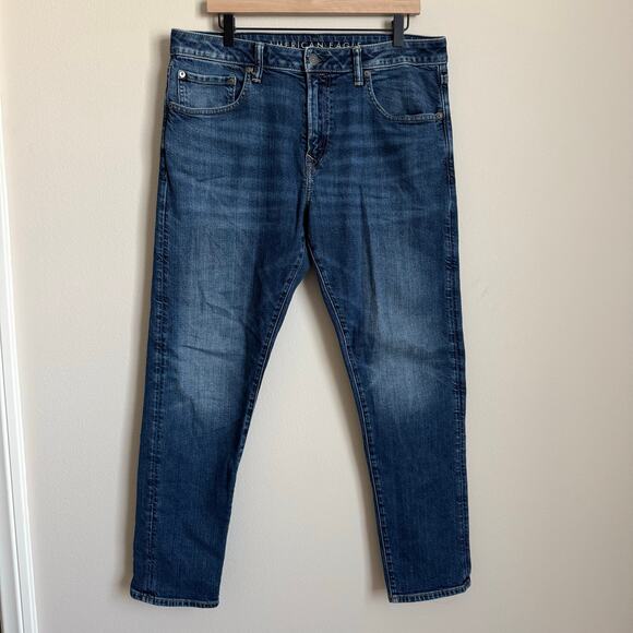 American Eagle Mens 34 x 32 Dark Wash Athletic Flex Tapered Leg Jean Denim Pant